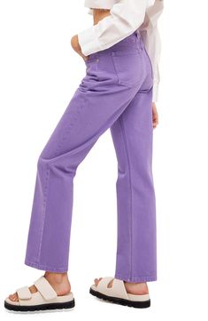 Add a color pop to your ensemble in these high-waist jeans crafted from nonstretch denim with wide hems. 100% cotton Machine wash, tumble dry Imported Purple Relaxed Fit Straight Leg Jeans, High Rise Cropped Jeans In Cotton For Spring, High Rise Cropped Cotton Jeans For Spring, Spring Purple Denim Bottoms, Spring Purple Jeans With Relaxed Fit, Trendy Cotton Jeans For Workwear, Purple Mid-rise Cotton Jeans, Trendy Cotton Flare Jeans, Spring Purple Relaxed Fit Jeans