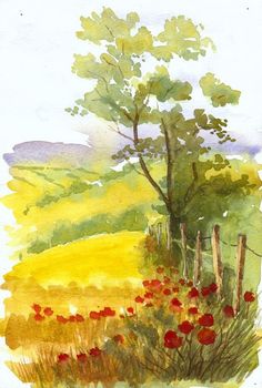 a watercolor painting of a field with trees and flowers