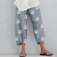 Women's Basic Essential Casual Chinos Slacks Pocket Print Ankle-Length Pants Cotton Linen Pants Daily Weekend Inelastic Graphic Prints Dandelion Mid Waist Loose Gray Green Green Black Blue Gray S M L 2024 - $18.99 Casual Summer Pants, Long Skirt Fashion, Casual Chinos, Womens Wide Leg Pants, Cotton Linen Pants, Pants Summer, Langer Rock, Pants Cotton, High Waist Fashion