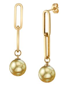 These exquisite earrings feature two high-quality Golden South Sea pearls, handpicked for their incredible luster and overtones. The pearls are mounted on the finest 14K gold, and are available in pearl sizes from 9mm to as large as 11mm.  Product photograph is with 10mm pearls mounted.  These earrings come packaged in a beautiful jewelry gift box, perfect for gifting. Elegant Yellow Gold Dangle Pearl Earrings With High Luster, Elegant Yellow Gold High Luster Dangle Pearl Earrings, Southsea Pearls Earrings, South Sea Pearl Earrings Design, Nickel-free Yellow Gold Pearl Earrings, Golden South Sea Pearls Earrings, Gold Pearl Shell-shaped Earrings, South Sea Pearls Earrings, Golden South Sea Pearls