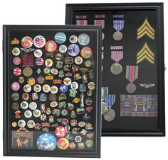 two framed medals and badges are on display in a shadow box with black backings