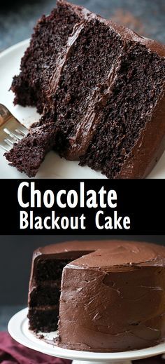 chocolate cake on a white plate with a fork in front of it and the words, chocolate blackoute blackoute cake