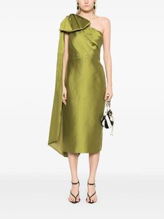 Marchesa Notte Mikado Midi Dress - Farfetch Pre-draped One Shoulder Midi Dress For Dinner, Elegant Green Dress With Asymmetrical Neckline, Elegant Green Evening Midi Dress, Elegant Green Midi Evening Dress, One-shoulder Silk Evening Dress For Dinner, Pre-draped One-shoulder Midi Dress For Gala, Pre-draped One Shoulder Midi Dress For Gala, Asymmetrical Green Evening Dress, Elegant Green Asymmetrical Midi Dress