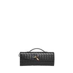 Bottega Veneta "Andiamo" wallet in  intrecciato  leather  Top handle  Can be worn as a top handle or wallet  Flap top with knot lock  Approx. 5.1"H x 12.2"W x 1.2"D Made in Italy Luxury Intrecciato Weave Clutch For Travel, Luxury Clutch With Detachable Handle, Rectangular Case, Luxury Evening Bag With Detachable Handle, Luxury Clutch With Intrecciato Weave, Designer Woven Leather Clutch For Evening, Designer Formal Clutch With Top Carry Handle, Luxury Woven Leather Rectangular Clutch, Luxury Rectangular Woven Leather Clutch, Leather Clutch With Braided Handles For Evening