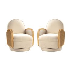 a pair of chairs with wicker backrests on each side, one in white and the other in beige