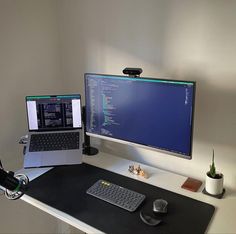 a computer desk with a laptop, monitor and keyboard sitting on it's side