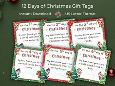 four christmas gift tags with the text 12 days of christmas gifts instant downloaded us letter format