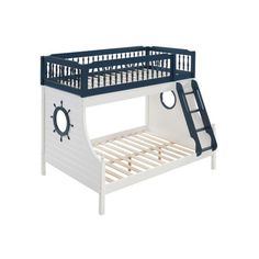 a white bunk bed with a blue and black pirate ship design on the bottom shelf