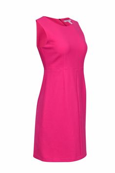 Make a statement at the office with this bubble gum pink dress from Diane von Furstenberg! This sweet and charming color will brighten up any office and keep you looking great in the process. Pop this on with a pair of pumps and a statement necklace for a stylish professional ensemble. Size 2 63% Polyester, 27% Viscose, 7% Cotton, 3% Elastane Unlined Exposed back zipper closure Sheath silhouette Round neckline Sleeveless Bust 32" Waist 30" Shoulder to hem 34" Fitted Pink Mini Dress For Work, Feminine Pink Mini Dress For Office, Feminine Pink Office Dresses, Feminine Pink Dresses For Office, Pink Spring Office Dress, Pink A-line Midi Dress For Work, Pink Knee-length Midi Dress For Work, Pink Knee-length Mini Dress For Work, Pink Knee-length Workwear Dress