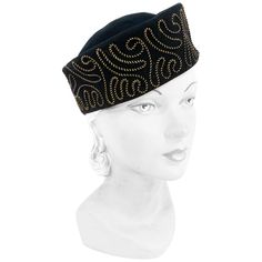 Late 1930s to early 1940s black sculpted wool felt cossack/perch hat featuring a silk and gold metallic sous-tâche embroidery. Avant-garde design with detailing on two-thirds of the entire brim. Large Black Hat, Rolled Hair, Vintage Headscarf, Evening Hat, Cossack Hat, 1930s Hats, Historical Hats, Hats Style, Embroidery Hat