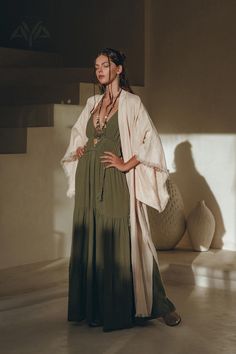 Our newest Linen Kimono, has become already a bestseller in our show room and now available for you. This stunning outfit features a linen kimono and a belt that can be worn alone or as an extra layer with most of our dresses. With the help of the belt you can turn this kimono cardigan into a kimono dress. Crafted in B Sage Color Dress, Look Kimono, Green Boho Dress, Elegant Kimono, Multiway Dress, Character Clothes, Adjustable Dress, Green Wedding Dresses, Outfit Boho