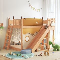 a child's bedroom with a wooden bunk bed and slide in the corner,