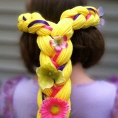 Our yarn braids are made to order, please see estimated shipping dates below. This Rapunzel yarn braid is made of yellow acrylic yarn that has been braided and adorned with purple and pink ribbon, as well as faux flowers. Our braids come in 4 basic sizes and are slightly adjustable around the head. Also, being made of yarn, they do have stretch to them as well. Braid length is 30* inches from the point where it comes together in the back of the head(*size small braids will be a few inches shorte Rapunzel Dress Up, Rapunzel Braid, Rapunzel Crown, Rapunzel Wig, Braided Yarn, Tangled Birthday Party, Rapunzel Birthday Party, Rapunzel Costume, Tangled Birthday