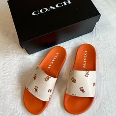 Coach Womens Udele Sport Pool Slides Sandals,Nwt New With Tags Size:10b Color: Chalk/ Brown Coach Brings Sporty Dimension To A Classic Slip-On Profile With Embossed Logo Details On The Effortless Udele Sport Slide Sandals. * Manmade * Manmade Sole * Wipe Clean * Imported Orange Flat Slides For Spring, Orange Synthetic Flat Heel Sandals, Casual Orange Slides For Spring, Coach Flat Slides For Beach, Coach Summer Slip-on Slides, Coach Synthetic Slides For Summer, Coach Slip-on Slides For Summer, Coach Casual Slip-on Sandals, Coach Slides For Beach In Summer