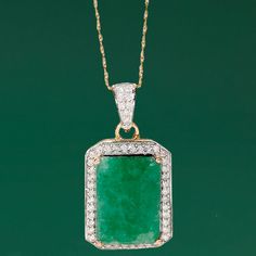 5.50 Carat Emerald and .25 ct. t.w. Diamond Pendant Necklace in 14kt Yellow Gold | Ross-Simons Dazzling Emerald Diamond Necklace For Anniversary, Green Diamond Pave Setting Jewelry, Green Diamond Jewelry With Pave Setting, Emerald Cut Green Jewelry With Pave Setting, Fine Jewelry Green Diamond Necklace For Anniversary, Exquisite Green Jewelry With Pave Setting, Classic Emerald Pendant Necklace With Diamond Accents, Classic Green Diamond Pendant Necklace, Green Pendant Diamond Necklace In Classic Style