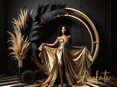 a woman standing in front of a black and gold backdrop with feathers on it's head