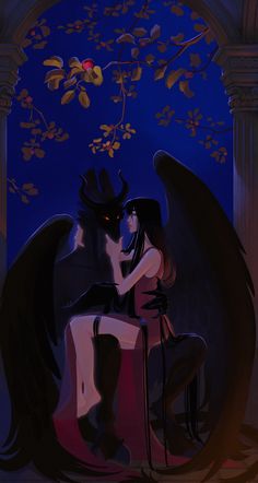 a woman sitting on top of a chair next to a demon