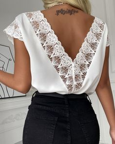 Pure Color V-Neck Lace Stitching Chiffon Shirt on Storenvy Womens Summer Shorts, Chic Type, Blouse Material, Hottest Fashion Trends, Chiffon Shirt, Trend Fashion, V Neck Blouse, White Blouse, Blouse Top