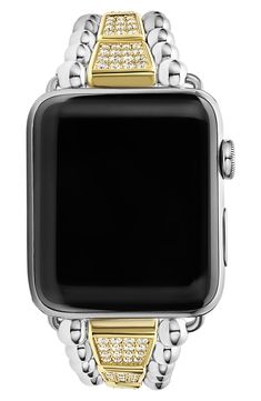 Turn your Apple Watch into a piece of fine jewelry with this band featuring 18-karat gold, sterling silver, diamond pavé and signature Caviar beading. Fits 42mm–49mm Series 1–8 Apple Watch (not included) Total diamond weight: 3.62ct. Color: G–H Clarity: SI Sterling silver/18k gold/diamond Imported >Diamond Guide Luxury Adjustable White Gold Apple Watch Band, Formal Silver Apple Watch Band With Polished Finish, Classic Formal Apple Watch Band With Bracelet Strap, Classic Formal Apple Watch Bracelet Strap, Elegant Adjustable Watch Bands With Polished Finish, Timeless Gold Watch With Palladium Hardware, Elegant Adjustable Yellow Gold Watch Band, Classic Adjustable Gold Apple Watch Band, Classic Silver Apple Watch Band With Polished Finish