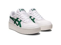 ASICS Sportstyle Japan S PF - Women's Shoes : White/Shamrock Green : Give your style a boost with the raised profile and throwback appeal of the ASICS Tiger Japan S PF platform shoes. Platform sneakers in a retro '80s-inspired silhouette. Uppers of synthetic leather with iconic tiger stripes on the quarter-panels. Textile lining provide breathable wear. Cushioned footbed for lasting comfort. Platform midsole provides added lift and support. Rubber outsole offers traction and durability. Imported White Retro Platform Sneakers With Vulcanized Sole, White Retro Platform Sneakers For Sports, Retro White Platform Sneakers For Sports, Sporty Green Platform Sneakers, Green Sporty Platform Sneakers, Shoes Platform Sneakers, Asics Sportstyle, Asics Tiger, Shoes Asics