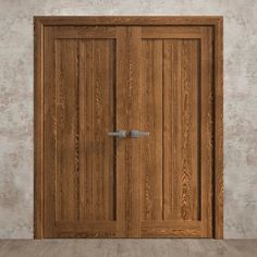 an open wooden door on a concrete wall