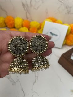 Oxidized earrings, for casual or ethnic wear.. High quality Lightweight jhumka can go with any golden Oxidised necklace .  These Jhumka Earrings pair have an excellent finish and gives out an exquisite sense of style. If you are looking for something simple which adds instant glamor to your look, then your search ends here 😊 #nysaajewelry Price is per pair of earrings Oxidized Brass Jhumkas, Festive Oxidized Brass Jhumkas, Bohemian Brass Jhumkas For Festive Occasions, Gold Oxidized Finish Jhumkas For Festivals, Oxidized Gold Jhumkas For Gift, Gold Oxidized Finish Jhumkas Gift, Gold Oxidized Jhumkas Gift, Festive Gold Oxidized Jhumkas, Gift Brass Jhumkas With Latkans