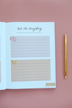 a notepad and pen sitting on top of a pink surface next to an open notebook