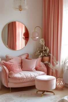 a living room filled with furniture and a round mirror