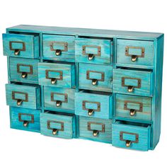 a blue wooden drawer with brass handles