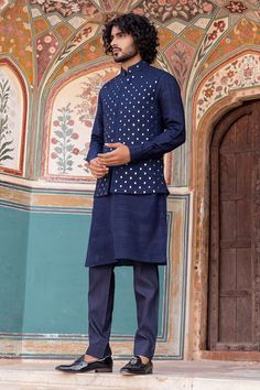 Navy blue sleeveless bundi with all over Sheesh mahal mirror embroidery. Paired with a solid kurta and an Aligadhi pant. - Aza Fashions Sheesh Mahal, Stylish Boy Clothes, Stylish Boy, Mirror Embroidery, Kurta Patterns, Kurta Set For Men, Nehru Jackets, Stylish Boys, Silk Embroidery