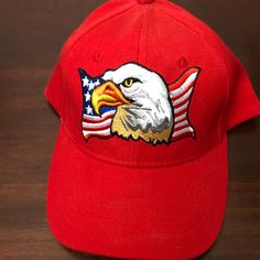 American Eagle Embroidered On Usa Flag Red Adjustable Baseball Cap Nwt Red Patriotic Trucker Hat With Curved Brim, Red Cotton Baseball Cap, Patriotic Red Trucker Hat With Curved Brim, Red Cotton Visor Baseball Cap, Red Patriotic Baseball Cap With Curved Brim, Patriotic Red Baseball Cap With Curved Brim, Red Trucker Hat With Embroidered Logo And Curved Brim, Red Curved Bill Hat With Embroidered Logo, Red Hat With Embroidered Logo And Curved Bill