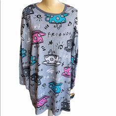 Very Cute Friends Tv Show Themed Nightshirt With Coffee Cups All Over Print Reminds You Of Central Perk And Takes You Back In Time Nostalgia. Polyester Blend Fabric Printed Long Sleeve Sleepwear, Printed Long Sleeve Sleepwear For Sleepover, Cotton Graphic Print Sleepwear For Loungewear, Cotton Long Sleeve Nightgown For Pajama Party, Casual Printed Long Sleeve Sleepwear, Casual Long Sleeve Printed Sleepwear, Sleepover Sleepwear With Graphic Print And Relaxed Fit, Cotton Graphic Print Sleepwear For Sleepovers, Cotton Sleepwear With Graphic Print For Sleepover