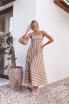 Brea Maxi Dress - Tan Stripe - Petal & Pup USA Beach Midi Dress With Straight Neckline And Adjustable Straps, Vacation Maxi Dress With Tie Straps And Straight Neckline, Beach Maxi Dress With Tie Straps And Square Neck, Summer Vacation Maxi Dress With Straight Neckline, Vacation Midi Dress With Adjustable Straps And Straight Neckline, Vacation Maxi Dress With Adjustable Straps And Square Neck, Casual Maxi Dress With Straight Neckline For Brunch, Chic Vertical Stripes Midi Dress For Beach, Summer Sundress With Straight Neckline For Vacation