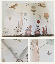 the wall paper is decorated with animals and hot air balloons