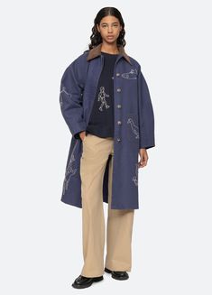 Demi Coat – Sea, New York Oversized Embroidered Cotton Outerwear, Collared Cotton Outerwear With Embroidery, Collared Embroidered Cotton Outerwear, Embroidered Cotton Collared Outerwear, Embroidered Cotton Outerwear For Work, Collared Cotton Outerwear For Daywear, Relaxed Fit Outerwear With Contrast Stitching For Work, Embroidered Cotton Button-up Outerwear, Cotton Outerwear With Contrast Stitching For Work