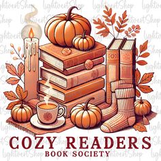 cozy reader's book society logo with pumpkins, books, and a candle