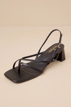 Subtly sultry and always chic, the Lulus Kerrie Black Strappy Low Heel Sandals will add a luxe touch to any ensemble! Smooth faux leather shapes these unforgettable heels that have a square footbed, a thong-style upper, and a network of slender straps throughout. A matching, adjustable slingback strap secures with a shiny gold buckle, all atop cute block heel. Black Bridesmaid Shoes, Clubbing Shoes, Short Black Heels, Small Heel Shoes, Homecoming Shoes, Low Block Heel Sandal, Black Strap Heels, White Sandals Heels, Black Strappy Sandals