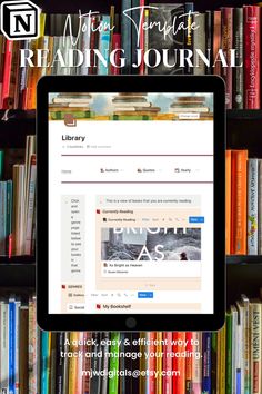 the national library reading journal is displayed on a tablet screen in front of bookshelves