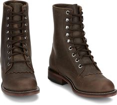 "This 7"" tall women's lace-up roper boot is a refined classic. It's durable full grain leather and classic roper toe and leather outsole set this boot apart.  The round toe and unit block heel provide a relaxed fit in and out of the stirrup and the cushi Women's Work Boots, Tony Lama Boots, Fly Boots, Rugged Boots, Ostrich Boots, Womens Work Boots, Roper Boots, Steel Toe Boots, Work Boots Men