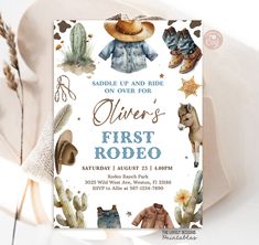 a baby's first rodeo birthday party with cowboy hats, boots and other items