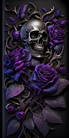 a skull surrounded by purple roses on a black background