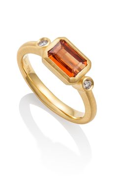 Gold & Stone Ring - This dazzling ring features a 2.3ct pumpkin-orange garnet set in 18k gold. Perfect to wear alone or with other bands, this one-of-a-kind piece comes in a size 7. Orange Garnet Ring, Orange Engagement Ring, Gold Stone Ring, Colored Stone Engagement Rings, Orange Stone, Bezel Set Ring, Emerald Cut Rings, Artful Home, Orange Sapphire