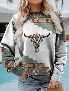 Women's Sweatshirt Pullover Geometric Aztecs Vintage Sports Ethnic Wine Green Street Casual Round Neck Long Sleeve Top Micro-elastic Fall & Winter 2023 - US $18.99 Apricot Clothing, Sweatshirts Pattern, Womens Crewneck, Cool Vintage, Retro Chic, Aztec Print, Sweater Sleeves, Ethnic Fashion, Pullover Sweatshirts