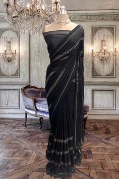 Beautiful black satin georgette saree with kundan work and running blouse piece Semi-stitched Black Art Silk Blouse Piece, Festive Black Pre-draped Saree With Cutdana, Formal Black Pre-draped Saree With Resham Embroidery, Black Pre-draped Saree With Pallu For Festive Occasions, Elegant Black Silk Pre-draped Saree, Black Pre-draped Saree With Cutdana, Black Georgette Pre-draped Saree With Resham Embroidery, Elegant Fitted Katan Silk Pre-draped Saree, Black Art Silk Saree With Traditional Drape