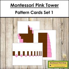 the montessoi pink tower pattern cards set is shown on a wooden background with text