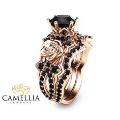 Black Diamond Gold Engagement Ring Set Unique by CamelliaJewelry Alternative Rings, Diamond Gold Engagement Ring, Gold Engagement Ring Set, Rose Gold Black Diamond, Unique Engagement Ring Settings, Rose Gold Flower, Antique Engagement Ring, Black Diamond Engagement, Flower Engagement Ring