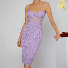 Color: Lilac Purple Style: Party Details: Zipper Material: Lace Fabric: Slight Stretch Body: Lined Composition: 51% Polyamide, 49% Viscose Fit Type: Slim Fit Neckline: Spaghetti Strap Waist Line: High Waist Hem Shaped: Pencil Length: Knee Length Care Instructions: Hand Wash, Do Not Dry Clean Worn: Never Worn. Summer Night Out Lace Dress With Spaghetti Straps, Summer Lace Dress With Spaghetti Straps For Night Out, Summer Backless Midi Dress With Lace Trim, Backless Summer Midi Dress With Lace Trim, Backless Midi Dress With Lace Trim For Summer, Backless Lace Trim Midi Dress For Summer, Summer Midi Lace Dress For Prom, Summer Midi-length Lace Dress For Prom, Sheer Lace Dress For Summer Parties