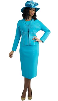 Lily & Taylor 769 light blue knit skirt suit Suit Colors, Suit Hat, Church Attire, Women Church Suits, Church Suits, Dark Yellow, Yellow Light, Knee Length Skirt, Turquoise Color