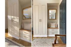 two pictures show the inside of a bedroom with white closets and an area rug