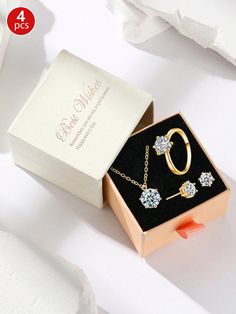 4pcs Gift Box Jewelry Set: Classic Shiny Cubic Zirconia Ring, Necklace And Earrings, Copper Alloy Plated In Imitation Gold, Suitable For Women Wedding, Engagement, Anniversary, Valentine's Day Gold Fashionable        Women Fashion Jewelry, size features are:Bust: ,Length: ,Sleeve Length: Gift Box Jewelry, Rhinestone Jewelry Set, Gold Gift Boxes, Bling Necklace, Bow Jewelry, Cubic Zirconia Jewelry, Beauty Devices, Rhinestone Ring